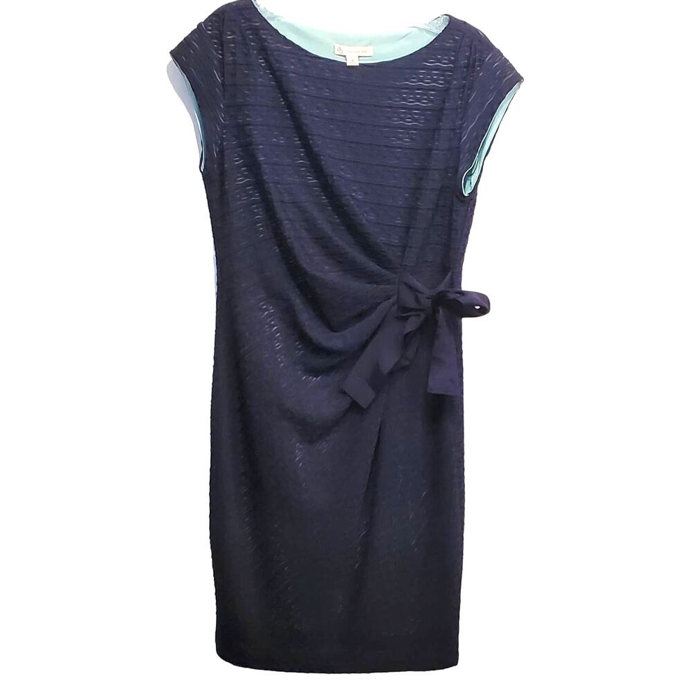 Dress barn Women's Navy Blue Over Teal Rushed Side Bow Dress Size 6